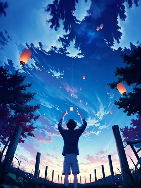 lantern, sky, 1boy, night, solo, paper lantern, male focus, arms up, night sky, from behind, cloud, star (sky), outdoors, long sleeves