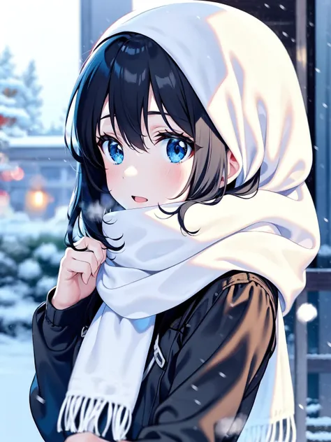 scarf, white_scarf, black_hair, upper_body, solo, snow, snowing