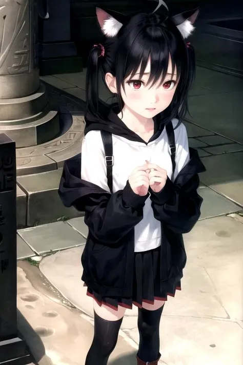 1girl, flat chest, short hair, black hair, ahoge, messy hair, payot, twintails, short twintails, animal ears, animal ear fluff, bat ears, bangs, hair between eyes, bat hair ornament, expressionless, empty eyes, red eyes, glowing eyes, white dress, short dress, pleated skirt, hooded jacket, black jacket, open jacket, open clothes, black hood, hood down, long sleeves, wide sleeves, sleeves past wrists, sleeves past fingers, black thighhighs, zettai ryouiki, boots, black footwear, Tomb, ancient Egypt, hieroglyphs, statue, sarcophagus, torchlight, stone, darkness, corridor, grandeur, mystery, shadows, sand, masterpiece, best quality, official art, extremely detailed CG unity 8k wallpaper, artbook, yuzu-soft, kobuichi, muririn,