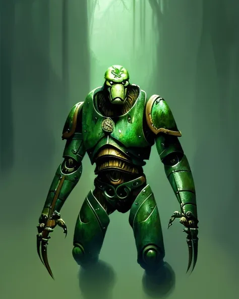 Medium shot Portrait of a Deep jungle green, Warforged_Person, Fighter, Frostpunk, Volumetric lighting, concept art, brush stroke style, artstation, trending, highly detailed, art by greg rutkowski