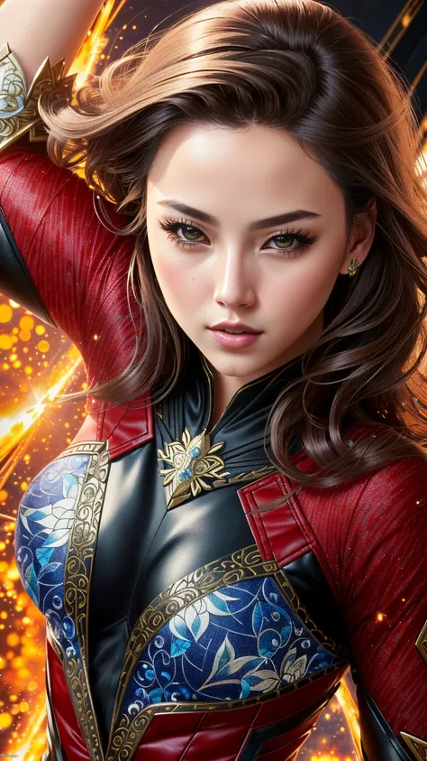 (masterpiece), (best quality), (realistic:1.6),(photorealistic:1.3),(intricate details:1.34), high contrast and dynamic pose, in the style of Ross Tran,
scarlet witch in action shot, wearing a impossible damage armor, kaleidoscope <lora:kaleidoscope_background_v1.1.2:0.8>,