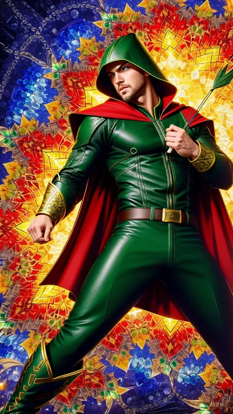 (masterpiece), (best quality), (hyper realistic:1.4),(photorealistic:1.3),(intricate details:1.35), high contrast and dynamic pose, in the style of Ross Tran,
superhero the Green arrow in action pose, backgroung kaleidoscope <lora:kaleidoscope_background_v1.1.2:0.8>, fighting scene with arrow and bow