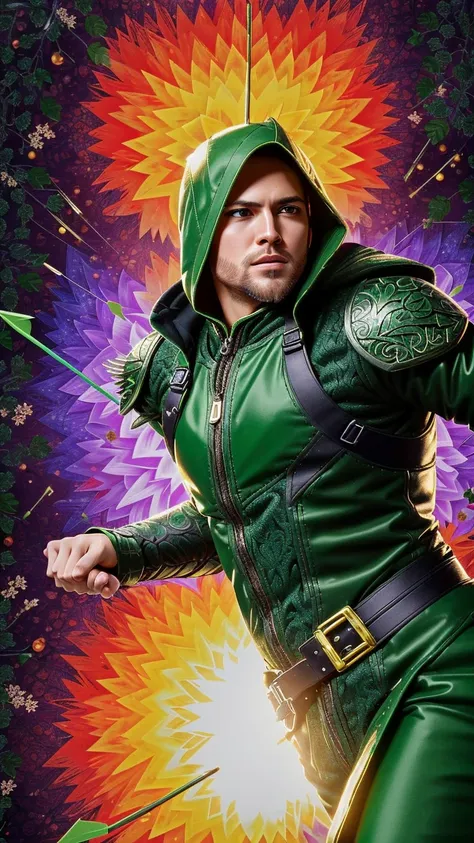 (masterpiece), (best quality), (hyper realistic:1.4),(photorealistic:1.3),(intricate details:1.35), high contrast and dynamic pose, in the style of Ross Tran,
superhero the Green arrow in action pose, backgroung kaleidoscope <lora:kaleidoscope_background_v1.1.2:0.8>, fighting scene with arrow and bow