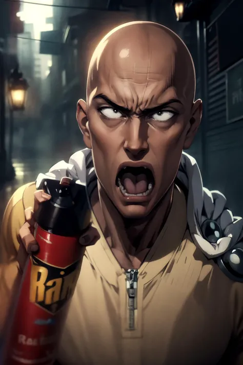 masterpiece, best quality, highres, 8k, cg wallpaper, reflection, ray tracing, <lora:VictorVanDortSprayingRaidAndScreamingMeme:0.9> IncrssprayRaid, open mouth, holding <lora:Saitama:1> saitama, anime, one punch, screaming, angry, holding,