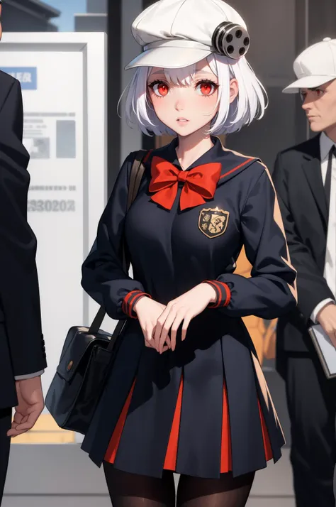 <lora:zs_Hikari:0.8> hikaripq2, school uniform, red eyes, short hair, white hair, pantyhose, cabbie hat