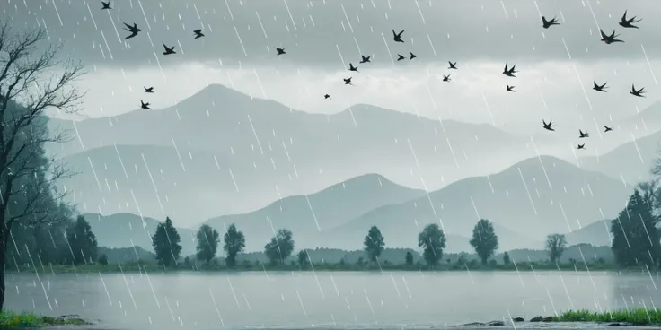 cinematic film still Sweeping Day Photography,rainy day landscape with birds flying over the water,best quality,high quality,masterpiece,8K UHD,highly detailed,ultra detailed,<lora:sweeping-day_v1.0:1>, . shallow depth of field, vignette, highly detailed, high budget, bokeh, cinemascope, moody, epic, gorgeous, film grain, grainy
