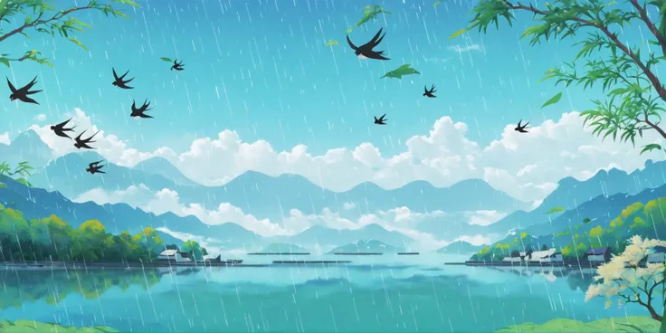 anime artwork Sweeping Day Photography,rainy day landscape with birds flying over the water,best quality,high quality,masterpiece,8K UHD,highly detailed,ultra detailed,<lora:sweeping-day_v1.0:1>, . anime style, key visual, vibrant, studio anime, highly detailed