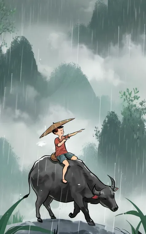 Sweeping Day Photography, a man riding a bull in the rain, best quality, high quality, masterpiece, 8K UHD, highly detailed, ultra detailed <lora:sweeping-day_lora_r64_sdxl:0.8>