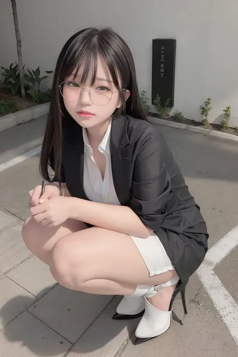 a photo of a girl wearing white office suit and black high heels in tokyo street, <lora:n3k0:0.8>, long shot, eye glasses, <lora:koreanDollLikeness_v15 (1):0.2>, black short hair, from side view, full body,