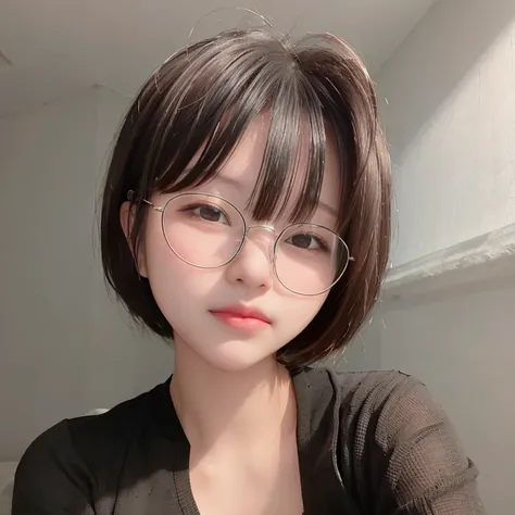 a photo of a girl, <lora:n3k0:0.8>, extreme close-up shot, eye glasses, <lora:koreanDollLikeness_v15 (1):0.2>, black short hair