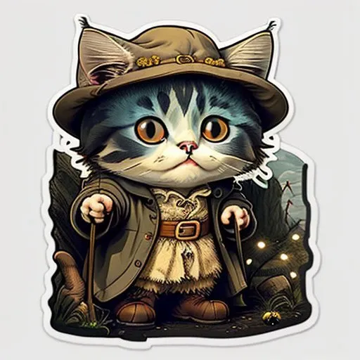 <lora:stickers:1> cute cartoon sticker of a cat cosplaying as bilbo baggins