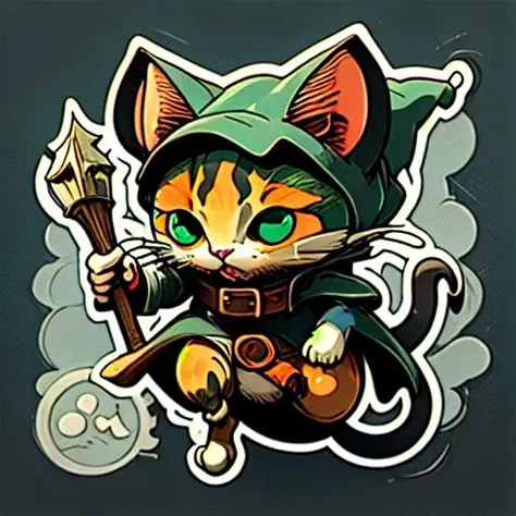 <lora:stickers:1> cute cartoon sticker of a cat wizard chasing a mouse rogue