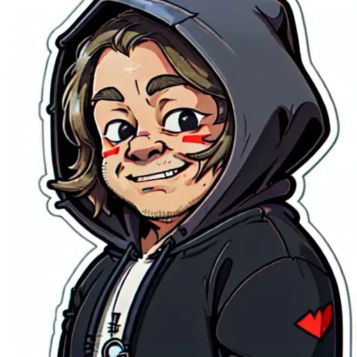 a man in a hoodie smiling, Andries Stock, face enhance, a stock photo, superflat, <lora:stickers:1>, sticker, (fat), ((look of Schadenfreude)), double chinned, fat face, devious look