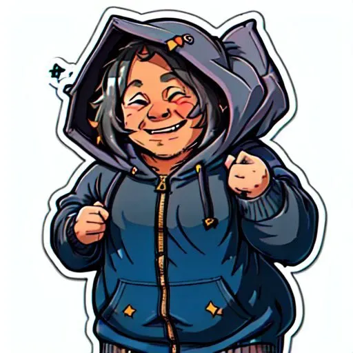 a man in a hoodie smiling, Andries Stock, face enhance, a stock photo, superflat, <lora:stickers:1>, sticker, (fat), ((look of Schadenfreude)), double chinned, fat face, up to no good