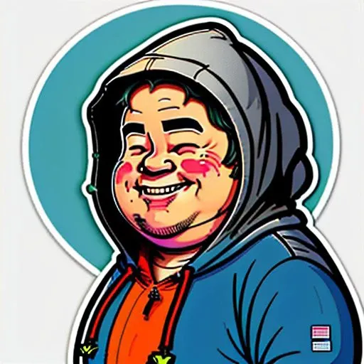 a man in a hoodie smiling, Andries Stock, face enhance, a stock photo, superflat, <lora:stickers:1>, sticker,  (fat), ((look of Schadenfreude)), (((double chinned))), fat face, up to no good,