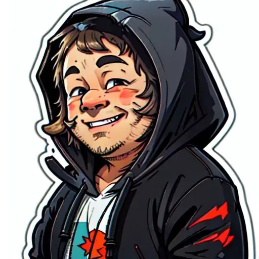 a man in a hoodie smiling, Andries Stock, face enhance, a stock photo, superflat, <lora:stickers:1>, sticker, (fat), ((look of Schadenfreude)), double chinned, fat face, up to no good