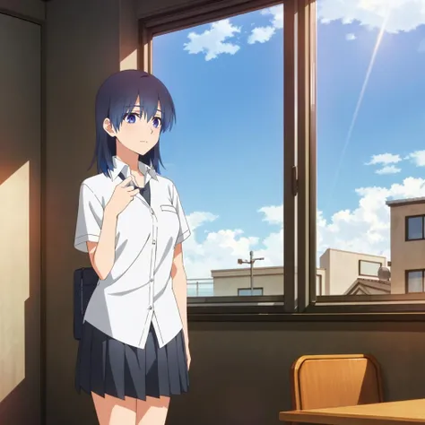 <lora:AiKamiya001:0.7>,
AiKamiya,1girl,
school uniform,collared shirt,
pleated skirt,
standing,
classroom,window_,sky,cloud,sunshine,