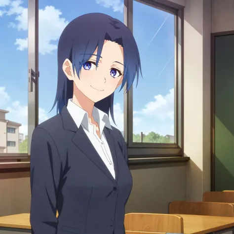 <lora:AiKamiya001:0.7>,looking at viewer,smile,
AiKamiya,1girl,
school uniform,collared shirt,blazer,
classroom,window_,sky,cloud,sunshine,