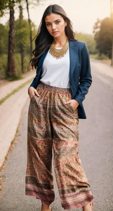 ((Masterpiece, best quality,photography, detailed skin, realistic, photo-realistic, 8k, highly detailed, full length frame, High detail RAW color art, diffused soft lighting, shallow depth of field, sharp focus, hyperrealism, cinematic lighting,close up)),
edgPalazzo_pants, 1girl, solo, long hair, looking at viewer, brown hair, shirt, black hair, long sleeves, jewelry, standing, jacket, full body, outdoors, pants, necklace, blurry, blurry background, traditional media, hand in pocket, realistic, photo background , wearing edgPalazzo_pants,stylish print
<lora:edgPalazzo2:0.7>