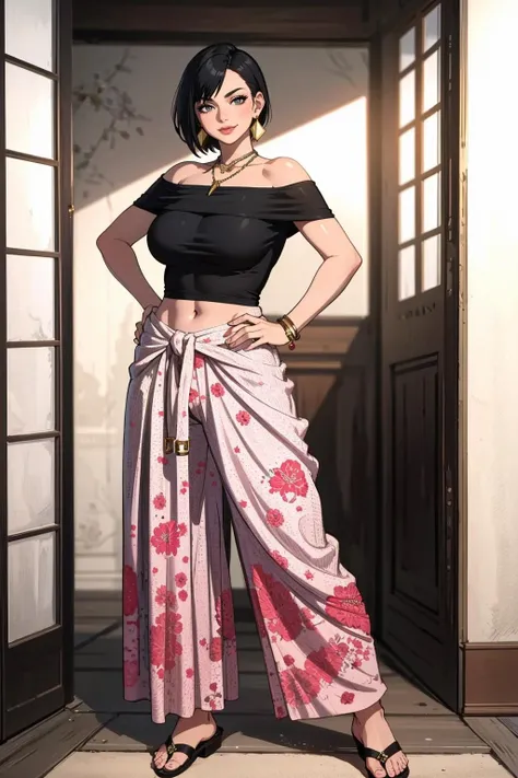 ((Masterpiece, best quality,edgQuality)),smirk,smug,
edgPalazzo_pants, 1girl, solo, short hair,black hair, navel, bare shoulders, jewelry, standing, full body, earrings,lips, hand on hip, sandals, multicolored clothes , wearing edgPalazzo_pants,stylish print
<lora:edgPalazzo_MINI:1>