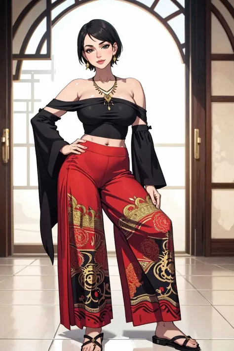 ((Masterpiece, best quality,edgQuality)),smirk,smug,
edgPalazzo_pants, 1girl, solo, short hair,black hair, navel, bare shoulders, jewelry, standing, full body, earrings,lips, hand on hip, sandals, multicolored clothes , wearing edgPalazzo_pants,stylish print
<lora:edgPalazzo_MINI:1>
