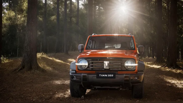 a gwm txxx parked in the middle of forest, sun light across the leaves, Tyndall effect, beautiful, hd, 8k, (photographic:1.5), magnificent, grandiose, mac os wallpaper <lora:GWMTank300_V2.0:1>