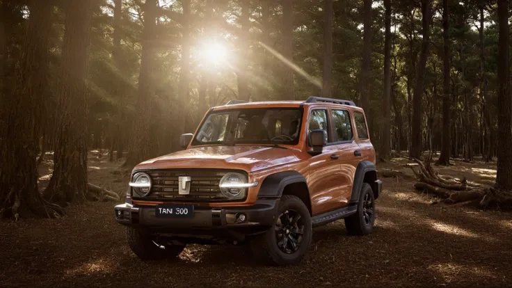 a gwm txxx parked in the middle of forest, sunset light across the leaves, Tyndall effect,  clear background, beautiful, hd, 8k, (photographic:1.5), magnificent, grandiose, mac os wallpaper  <lora:GWMTank300_V2.0:1>