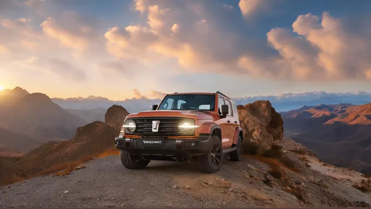 a gwm txxx parked in the top of rock mountain, sunset light across the clouds, clear background, beautiful, hd, 8k, (photographic:1.5), magnificent, grandiose, mac os wallpaper <lora:GWMTank300_V2.0:1>