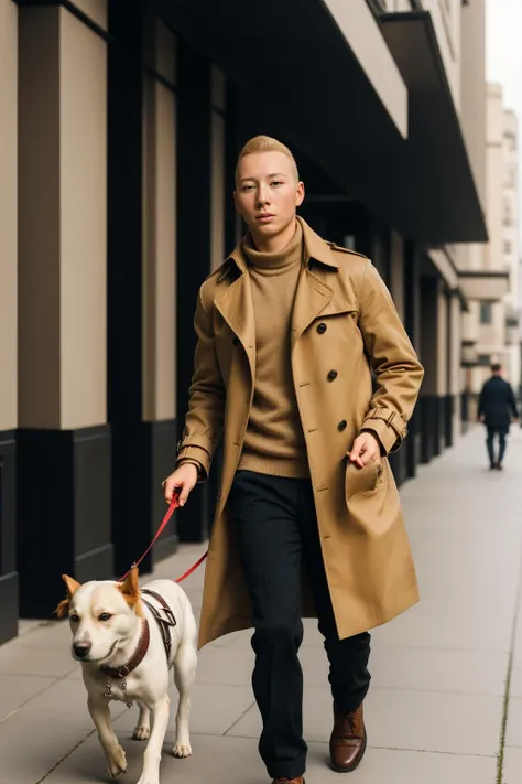 young man with blonde hair and a brown trenchcoat is walking with his dog, realistic, cinematic, highly detailed,
Tintin <lora:Tintin_v1:1>