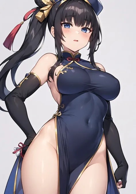 (masterpiece, best quality, ultra-detailed), (illustration), (beautiful detailed eyes), blue eyes, ((very detailed face)), long hair, black hair, side ponytail, single side bun, feather hair ornament, hair ornament, hat, sidelocks, (1girl), (solo), ushiwakamaru \(fate\), (theater:1.2), (chinese dress:1.2), chinese clothes, asymmetrical sleeves, bangs,breast curtains, medium breasts, detached sleeves, embracing the natural beauty, seductive and powerful expression, (simple background), thighs, by pinta \(ayashii bochi\),