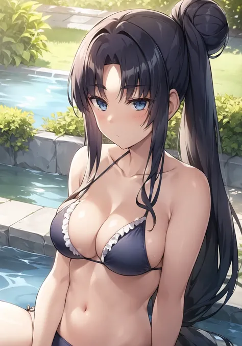 (masterpiece, best quality, ultra-detailed), (illustration), (beautiful detailed eyes), ((very detailed face)), (1girl), (solo), ushiwakamaru \(fate\), cone hair bun, long hair, swept bangs, braid, braided bangs, blue eyes, (wearing a off-shoulder bikini:1.2), (frilled bikini), (rei no pool:1.3),, embracing the natural beauty, seductive and powerful expression, side-tie bikini bottom, leaning forward, falling petals, falling leaves, depth of field, bokeh, swimsuit, (greenery:1.2), crossed legs, front-tie bikini top, (medium breasts), thick thighs, wet, sunlight, dappled sunlight, critical angle, leg up, arm behind back, bangs, black hair, hair bun, parted bangs, side bun, side ponytail, single hair bun, side bun, official alternate costume, by pinta <lora:ushiwakamaru_v10:0.7>