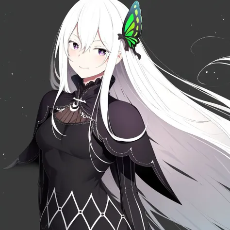 best quality, masterpiece, 1girl, echidna, white hair, long hair, purple eyes, butterfly hair ornament, black dress, black capelet, grey background, cowboy shot <lora:echidna-12:0.9>