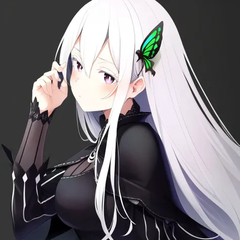 best quality, masterpiece, 1girl, echidna, white hair, long hair, purple eyes, butterfly hair ornament, black dress, black capelet, from side, head tilt, grey background, cowboy shot <lora:echidna-12:0.9>
