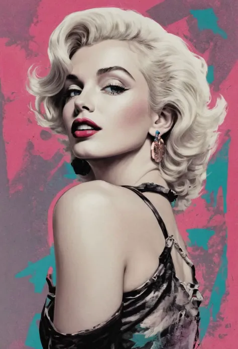 a 1980s pop art style portrait of Marylin Monroe, punk, pop art, stylized, bold colors, photo and illustration hybrid