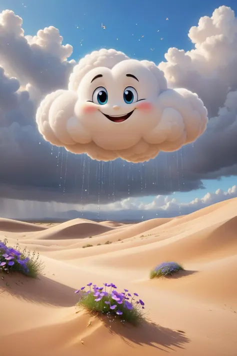 Disney pixar style, a cute little cloud with a happy smile, flying over sand dunes giving rain, foreground sandy desert, flowers in background, <lora:- SDXL - letitflrsh_let_it_flourish_V1.0:1> letitflrsh,