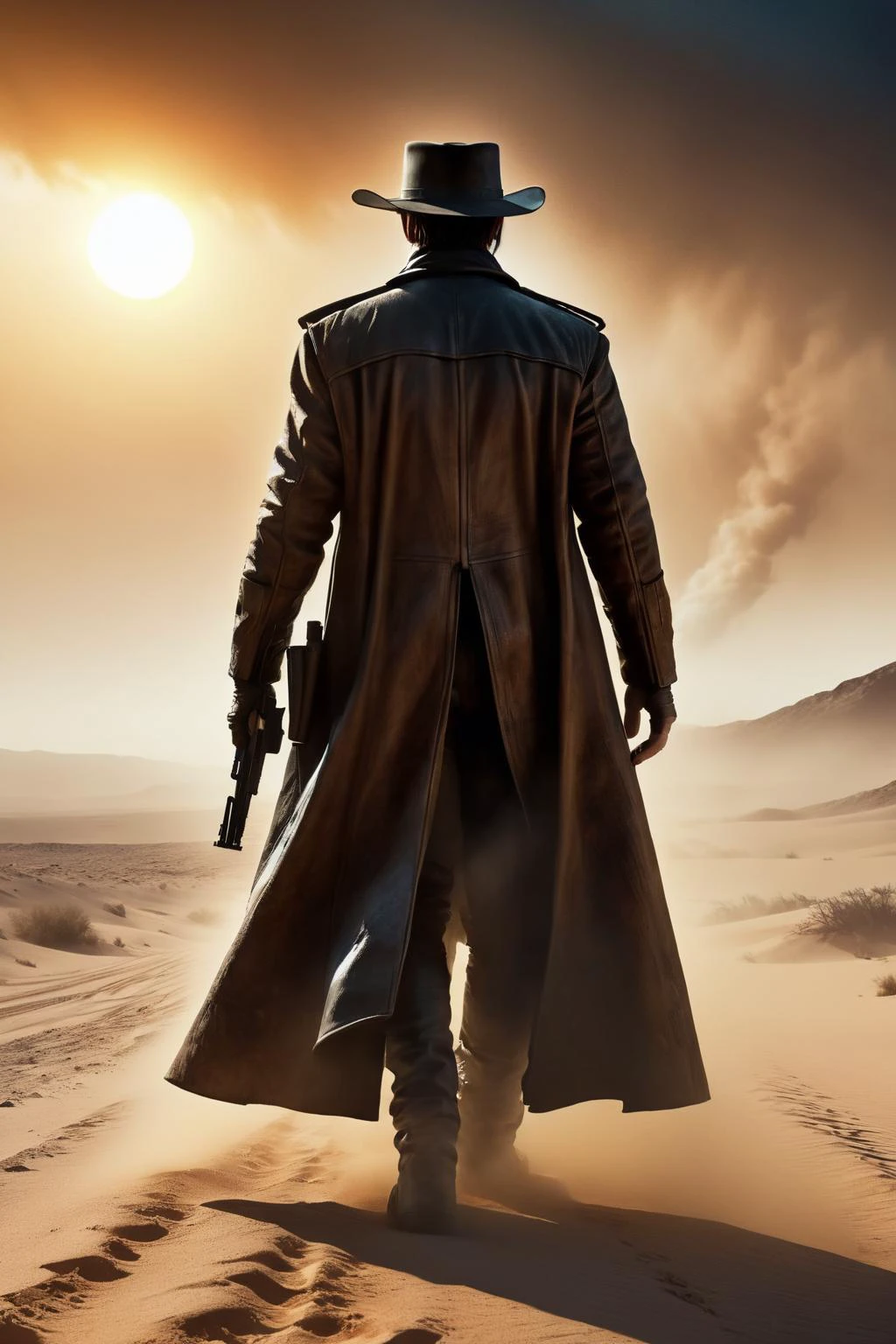 Roland of Stephen Kingâs The Gunslinger, back view, a sci-fi gunslinger amidst a deserted world with a distant glass tower, wearing long dirty coat, sandstorm, tiny dust-covered sun, futuristic western, mad-max-atmosphere, extremely detailed, cinematic light, masterpiece, <lora:add-detail-xl:1> <lora:Sinister_Style_SDXL:0.5> ais-sinisterz