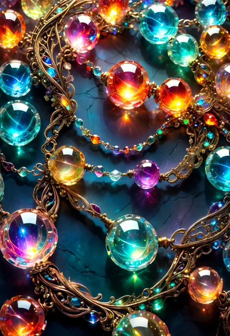 macro photo, sparkling magical fantasy magical necklace, made out of transparent multicolored glass beads, light shines through, magical artifact, very detailed, amazing quality, intricate, cinematic light, highly detail, beautiful, surreal, dramatic, warm colors  <lora:SDXLFaeTastic2400:1>