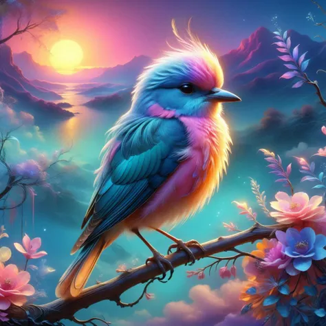 breathtaking . award-winning, professional, highly detailed, sunset animal (Vibrant neon colors) , animal (Artistic style) (Whimsically artistic) perched on ar branch, ethereal bird with feathers of iridescent hues, pastel tones pinks, mauves, and soft blues,
Fantasy style, fantasy dreamlike art, vivid color, 3d animation,
