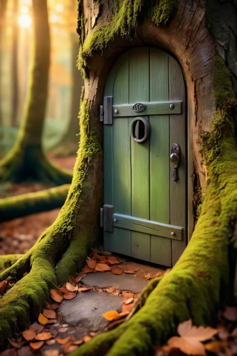 professional macro photography, close-up shot of a tiny door in an old mossy tree trunk, dirty and weathered door, small path leads to door, old enchanted forest background, bokeh, sunset light, autumn forest, magical athmosphere underlined by dusty air reflecing the light, shot by Canon EOS R5, <lora:add-detail-xl:1.5>