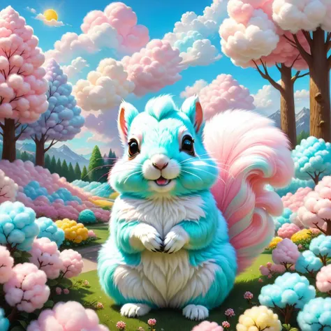 cotton candy squirrel, cotton candy world, colorful pastel colors, fluffy cotton candy clouds, cotton candy flowers, cotton candy trees, cotton candy sun, cotton candy grass
extremely detailed, intricate details,
cinematic lighting, sunlight, volumetric,
masterpiece, best quality, high resolution,