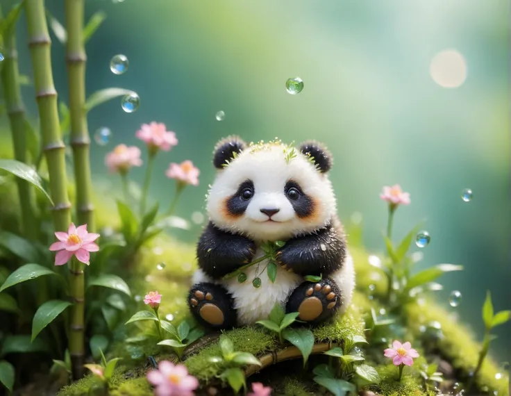 Cute realistic chubby fluffy mini panda, (tilt-shift:1.5), macro photography, (lush bamboo:1.2), (morning dew:1.3), playful, (tiny:1.4), tiny flowers, whimsical, miniature world, (fine fur details:1.1), soft focus, dreamy, (tranquil:1.2), nature-inspired, imaginative, serene, realistic