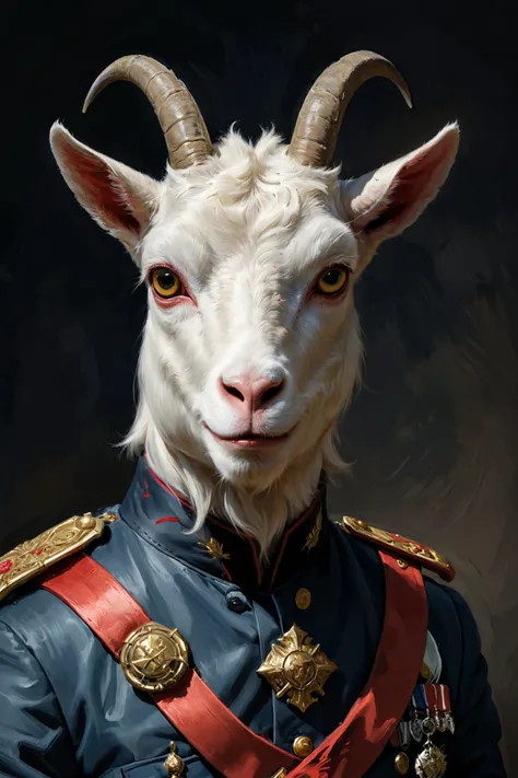 by Steve Ditko, Malcolm Liepke, Yankeecore, close up of a Goat Lieutenant Colonel, Bathed in shadows, Detailed illustration, dynamic, Hasselblad, Selective focus, ornate, action <lora:XL-Loras\xl_more_art-full_v1:0.5><lora:XL-Loras\add-detail-xl:1.0><lora:XL-Loras\NicolaSamori:0.5><lora:XL-Loras\looking_at_viewer:2><lora:XL-Loras\RMSDXL_Creative:3>