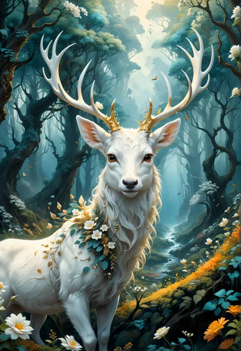 concept art . digital artwork, illustrative, painterly, matte painting, highly detailed, bluehour nature forest (A touch of surrealism) (in the style of Salvador Dali) , hyper detailed, fantasy landscape, dreamlike, fog, vivid colors, closeup of a very fluffy white albino deer, intricate horns dusted with gold and covered in flowers, lush foliage, splashes of teal and orange colors, dreamy atmosphere, dawn or dusk light, glowing flowers and plants, colorful leaves, serene, 4k masterpiece