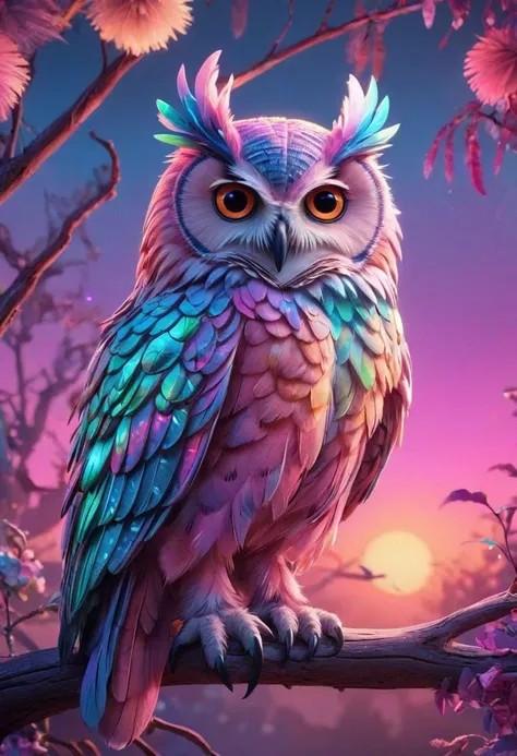 breathtaking . award-winning, professional, highly detailed, sunset animal (Vibrant neon colors) , animal (Artistic style) (Whimsically artistic) perched on ar branch, ethereal owl with feathers of iridescent hues, pastel tones pinks, mauves, and soft blues,
Fantasy style, fantasy dreamlike art, vivid color, 3d animation,