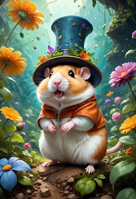 chubby Dzungarian hamster in an adventurer's hat, Seeing plants and flowers from the ground, view from below, atmospheric dreamscape painting, dream scenery art, highly detailed visionary art, cgi style, vibrant oil painting, splash art, Cozy mystery, masterpiece 8k wallpapper, neoplasticism, Unreal Engine, dramatic lighting
