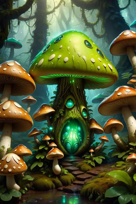 ((best quality)), ((masterpiece)), (detailed),an innocent green alien in a sci-fi forest, bioluminescence, full body, (giant mushrooms:1.2), plants, soft light, rain, intricate details,<lora:SDXLFaeTastic2400:0.8> ,High quality texture, intricate details, detailed texture, High quality shadow, Cinematic Light, Depth of field, light source contrast, cosmic jungle background, whimsical fantasy