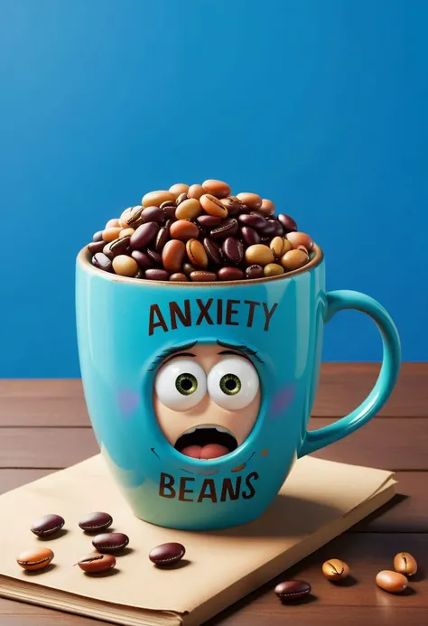 Anxiety beans in the mug with the text "Anxiety beans", pixar art