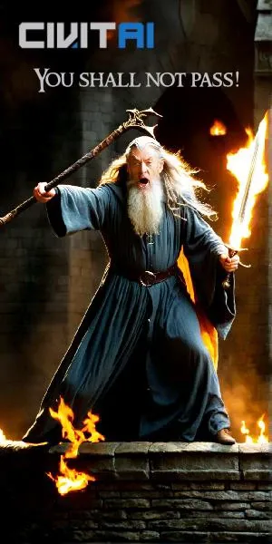ian mcKellen as gandalf on a stone bridge,screaming face,(holding staff and sword),looking at the viewer,dark backround with flames, realistic,highly detailed,lifelike,studio photo,highly detailed,