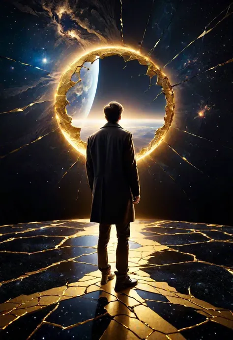 man with back view at edge of creation of the universe <lora:kintsugi:1> reimagined by industrial light and magic,black, gold, cracks, highly detailed, award-winning photo, realistic, high contrast, depth of field,perspective,cinematic lighting,