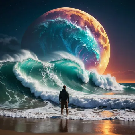 realism, perfect lighting, colorful, joyful, amazing, detailed, beach, ocean, waves, neon water, night light, moon, epic, gigantic waves, 5 meters high, man standing against them, different planet
